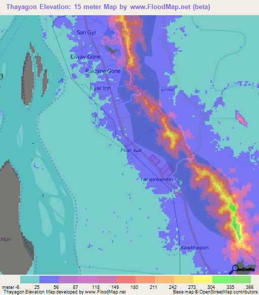 Thayagon,Myanmar Elevation Map