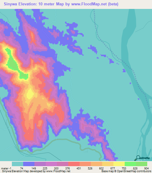 Sinywa,Myanmar Elevation Map