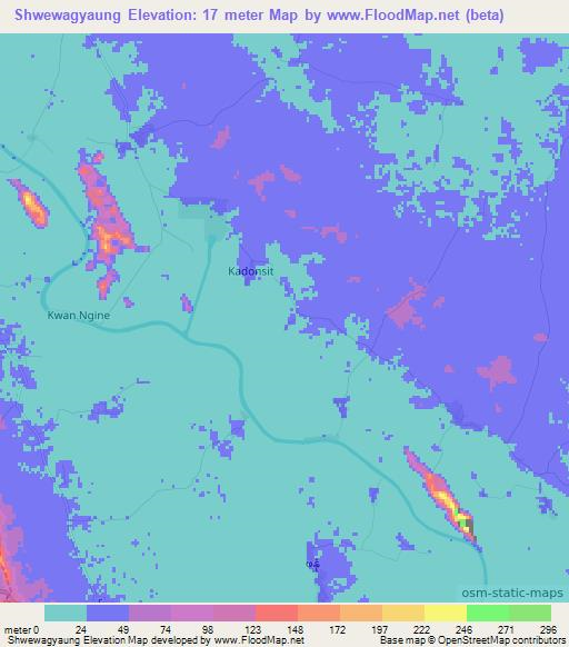 Shwewagyaung,Myanmar Elevation Map