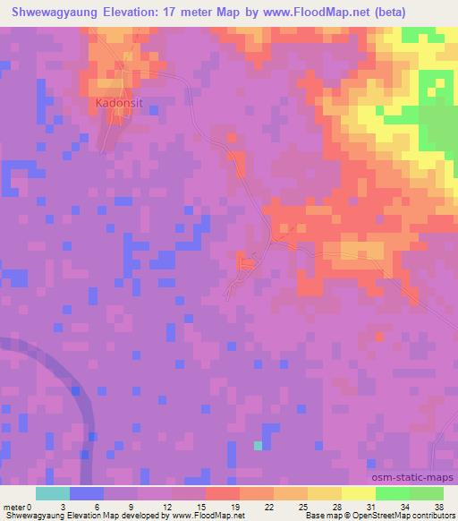 Shwewagyaung,Myanmar Elevation Map