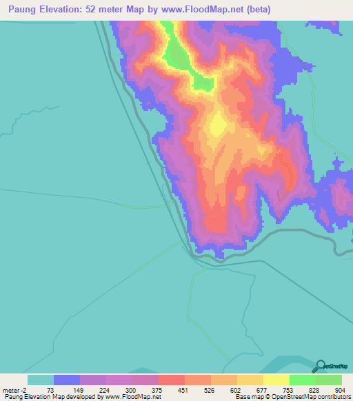 Paung,Myanmar Elevation Map