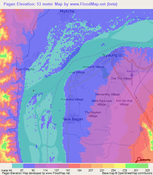 Pagan,Myanmar Elevation Map