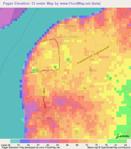 Pagan,Myanmar Elevation Map