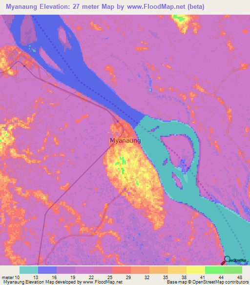 Myanaung,Myanmar Elevation Map