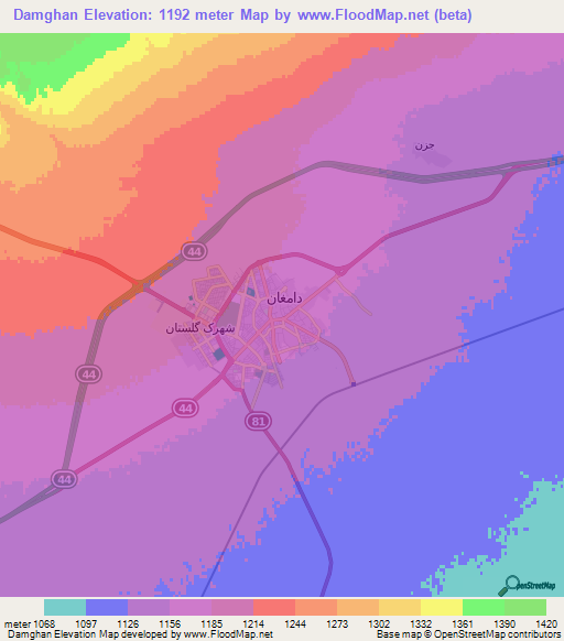 Damghan,Iran Elevation Map