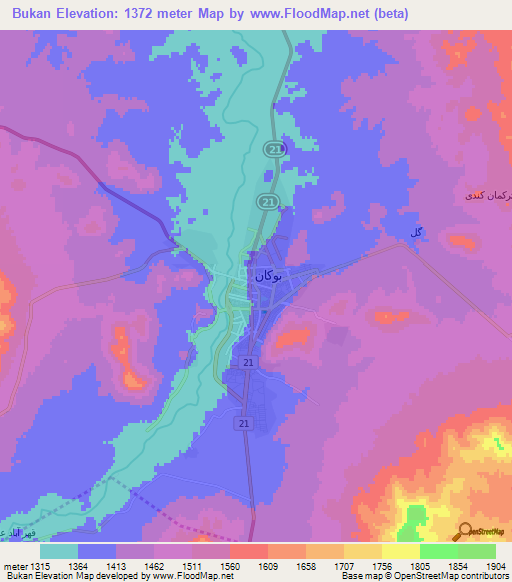 Bukan,Iran Elevation Map