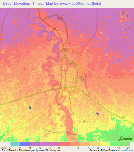 Babol,Iran Elevation Map