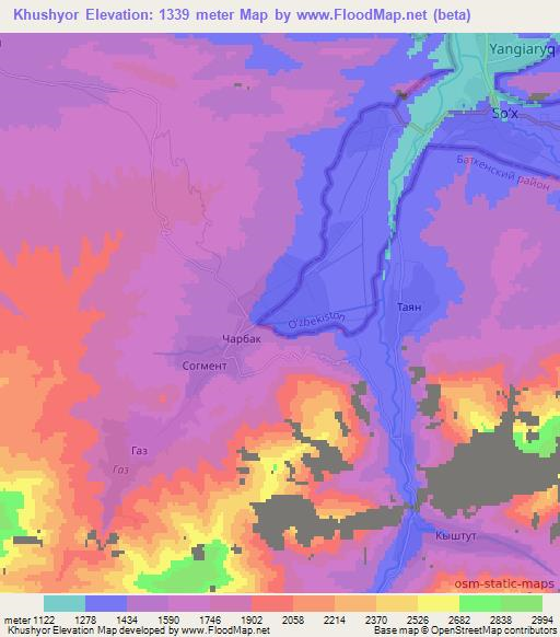 Khushyor,Uzbekistan Elevation Map