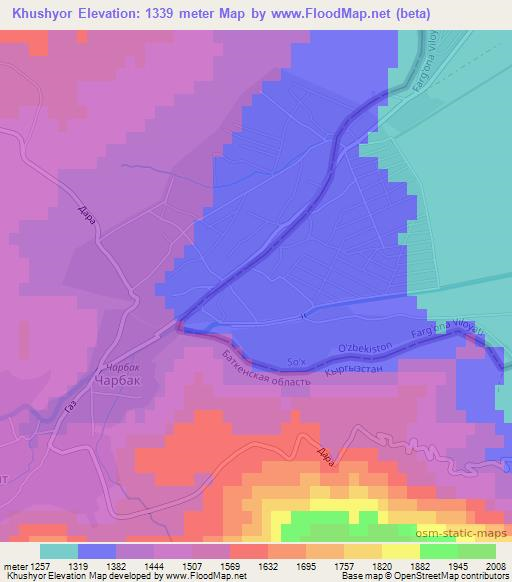 Khushyor,Uzbekistan Elevation Map