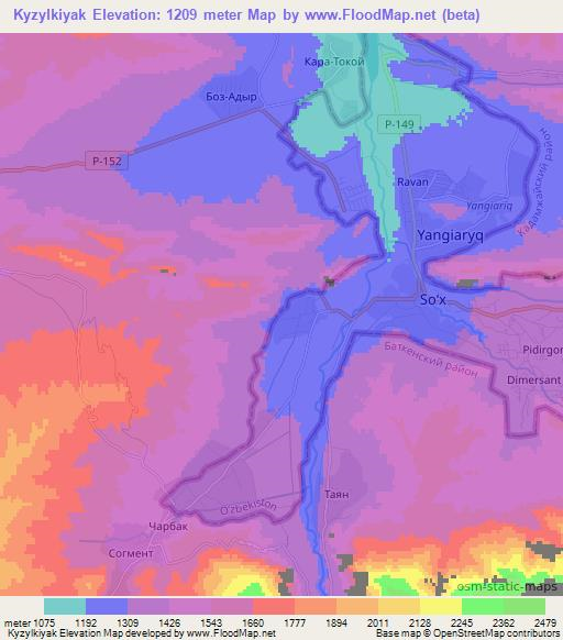 Kyzylkiyak,Uzbekistan Elevation Map