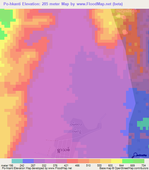 Po-hkanti,Myanmar Elevation Map