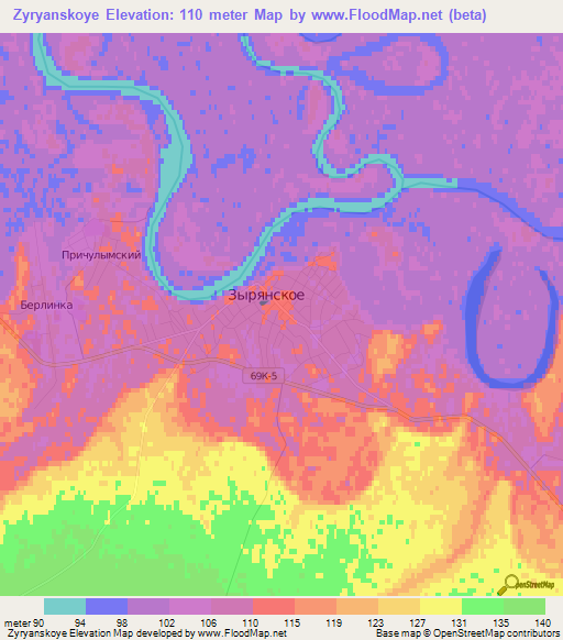 Zyryanskoye,Russia Elevation Map