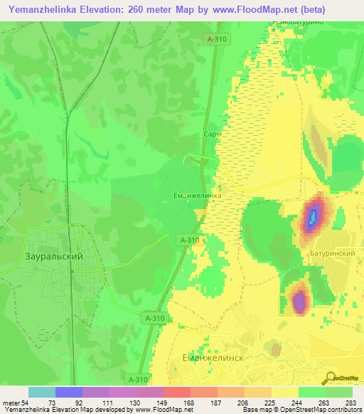 Yemanzhelinka,Russia Elevation Map