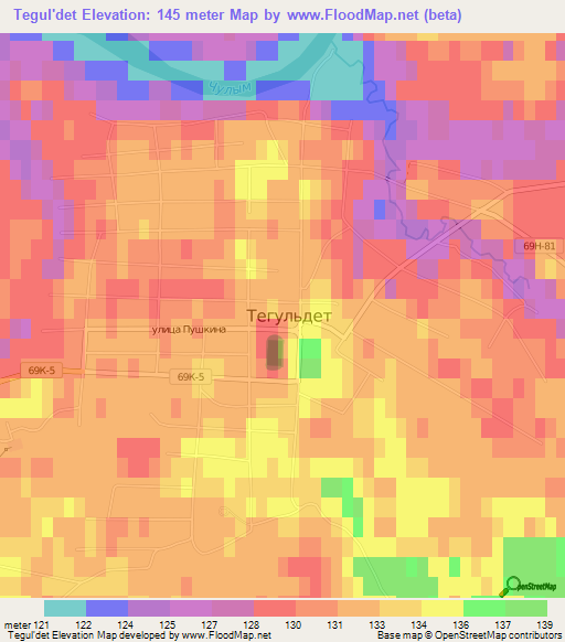 Tegul'det,Russia Elevation Map