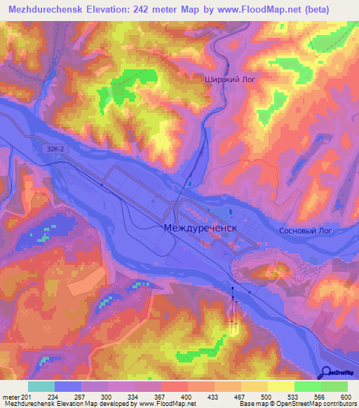 Mezhdurechensk,Russia Elevation Map