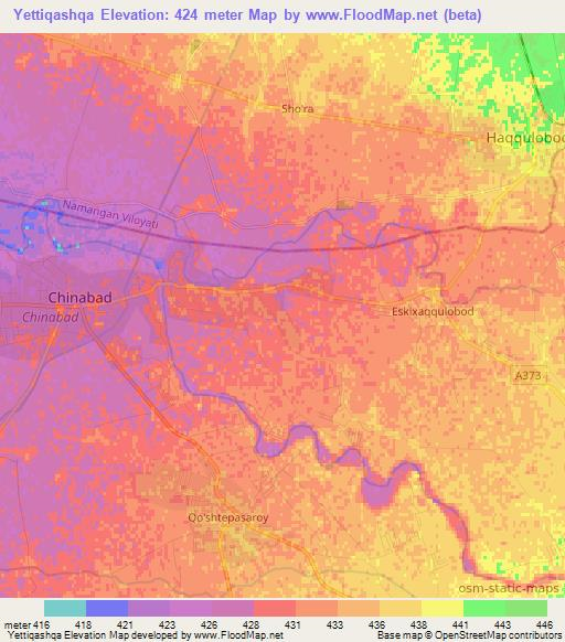 Yettiqashqa,Uzbekistan Elevation Map