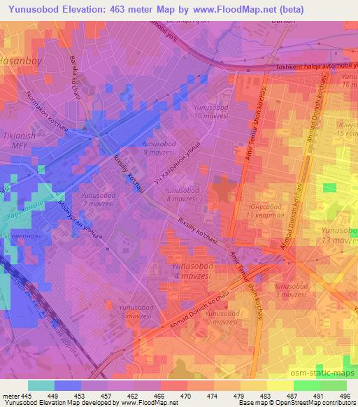 Yunusobod,Uzbekistan Elevation Map
