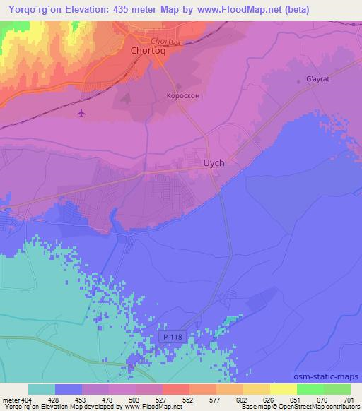 Yorqo`rg`on,Uzbekistan Elevation Map