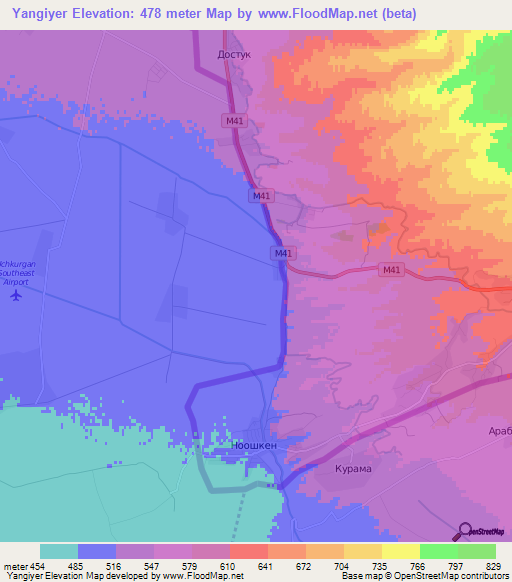 Yangiyer,Uzbekistan Elevation Map