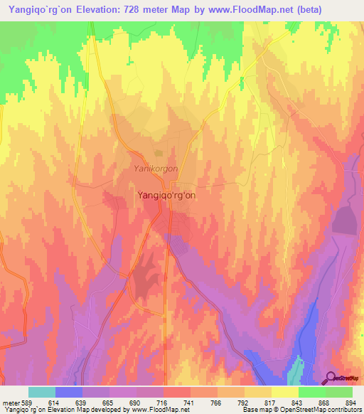 Yangiqo`rg`on,Uzbekistan Elevation Map