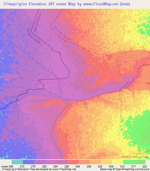O'rtaqo'rg'on,Uzbekistan Elevation Map