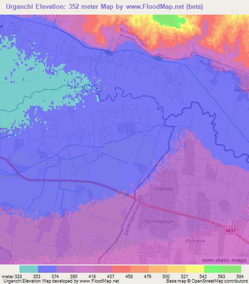 Urganchi,Uzbekistan Elevation Map