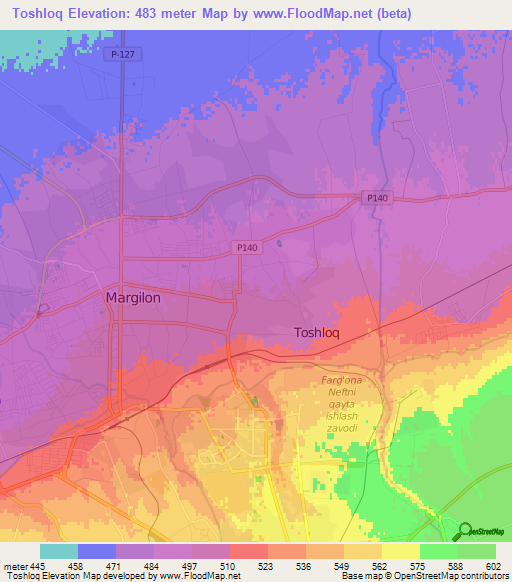 Toshloq,Uzbekistan Elevation Map