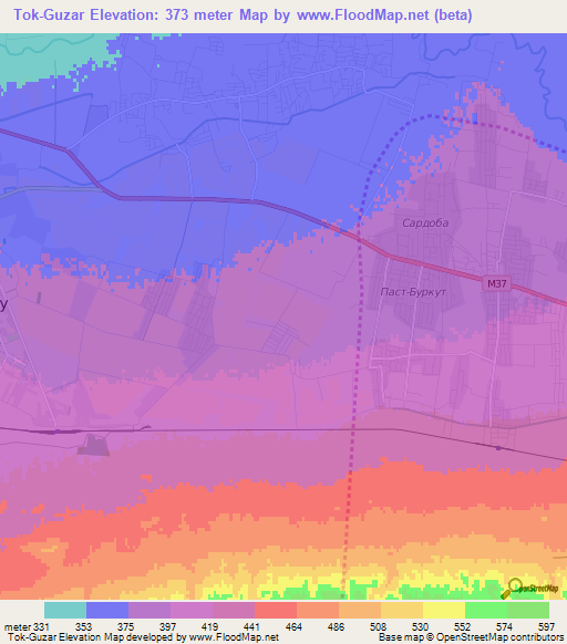 Tok-Guzar,Uzbekistan Elevation Map