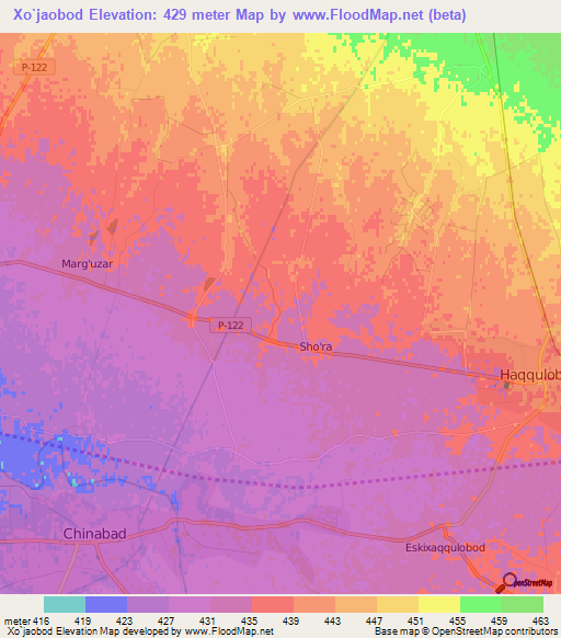 Xo`jaobod,Uzbekistan Elevation Map