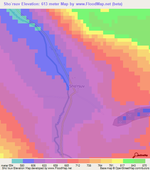 Sho`rsuv,Uzbekistan Elevation Map