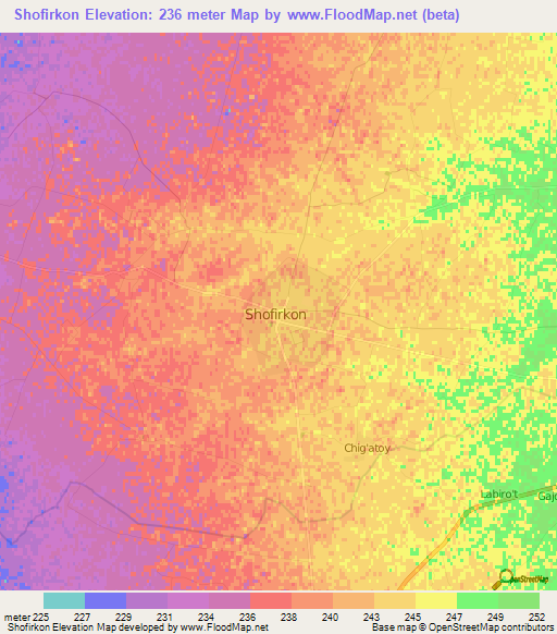 Shofirkon,Uzbekistan Elevation Map