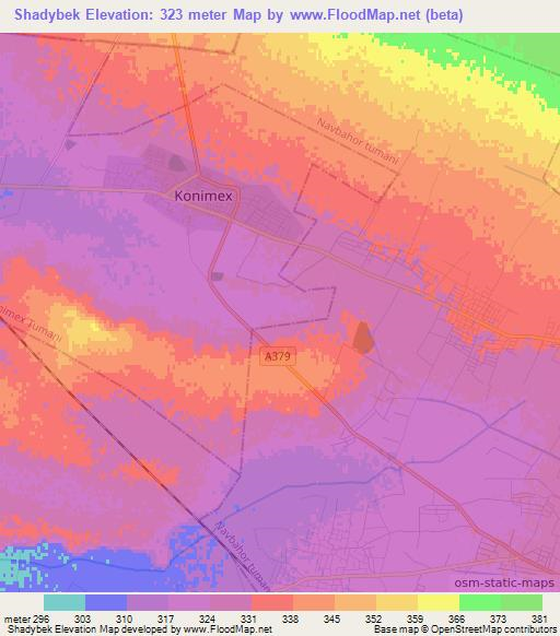 Shadybek,Uzbekistan Elevation Map