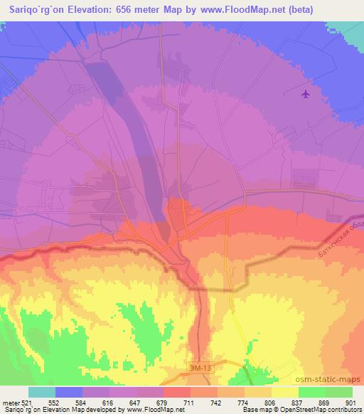 Sariqo`rg`on,Uzbekistan Elevation Map