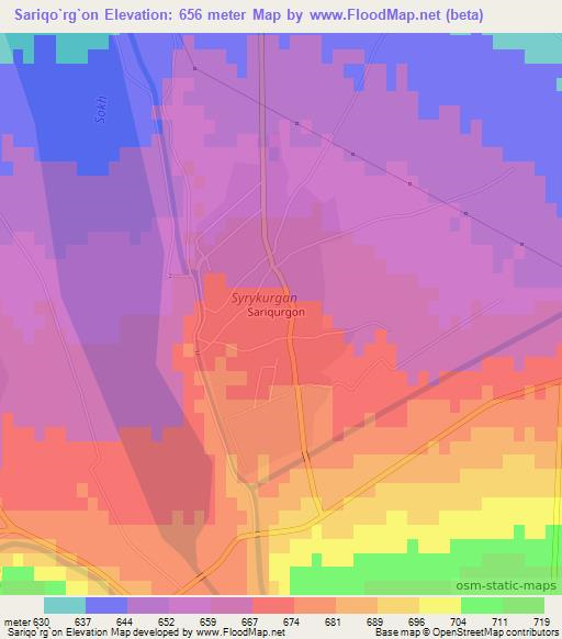 Sariqo`rg`on,Uzbekistan Elevation Map