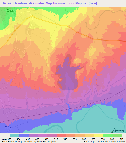 Rizak,Uzbekistan Elevation Map