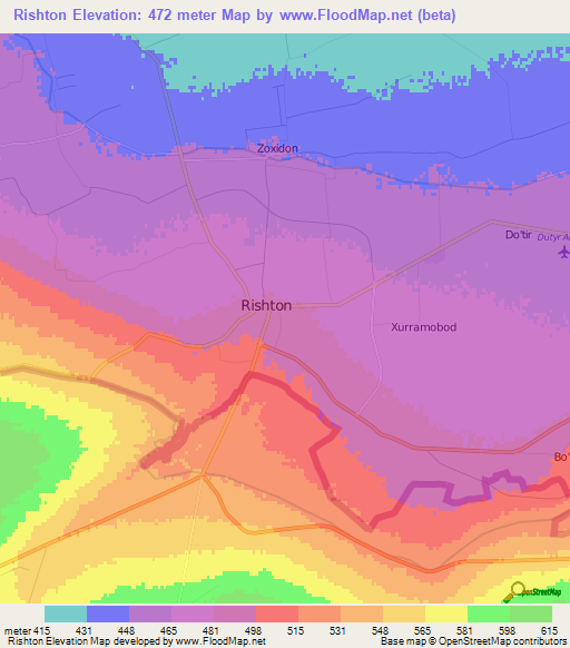 Rishton,Uzbekistan Elevation Map