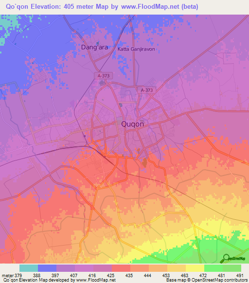 Qo`qon,Uzbekistan Elevation Map