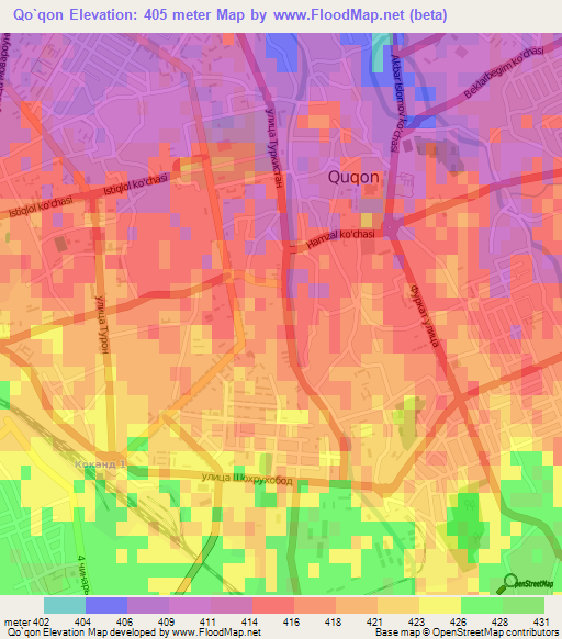 Qo`qon,Uzbekistan Elevation Map