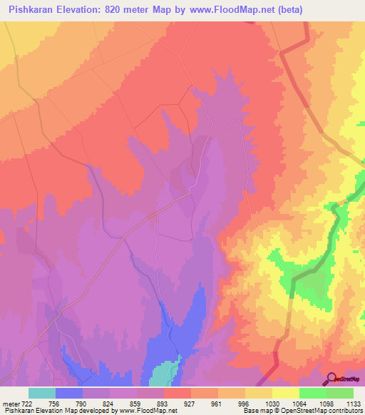 Pishkaran,Uzbekistan Elevation Map
