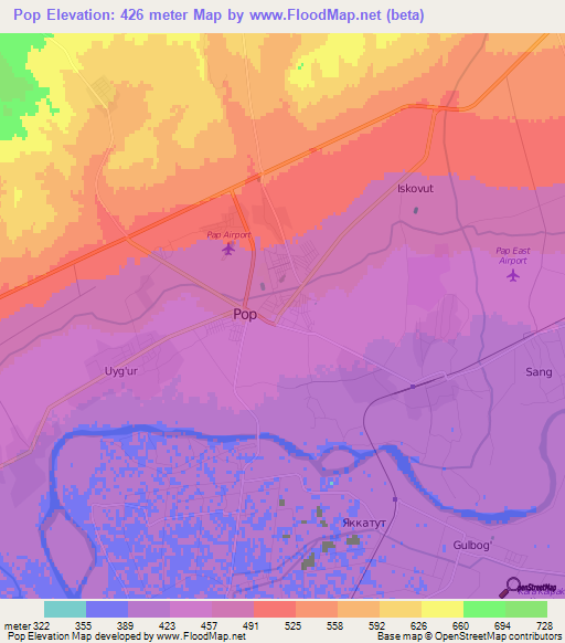 Pop,Uzbekistan Elevation Map