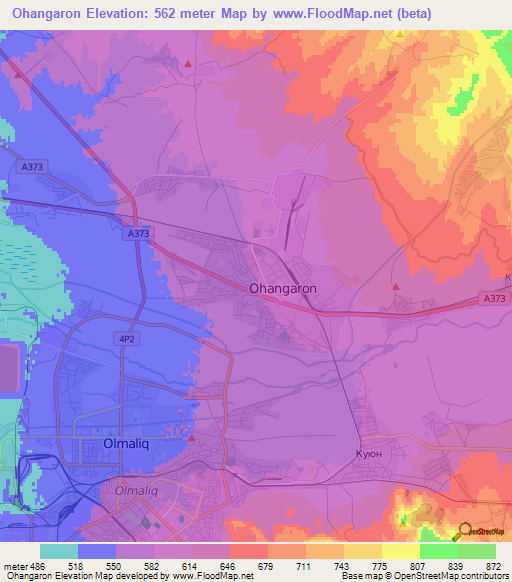 Ohangaron,Uzbekistan Elevation Map