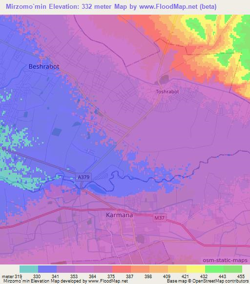 Mirzomo`min,Uzbekistan Elevation Map