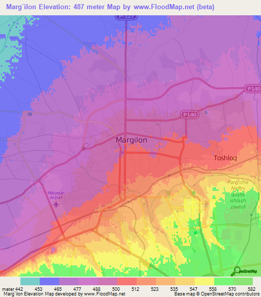 Marg`ilon,Uzbekistan Elevation Map