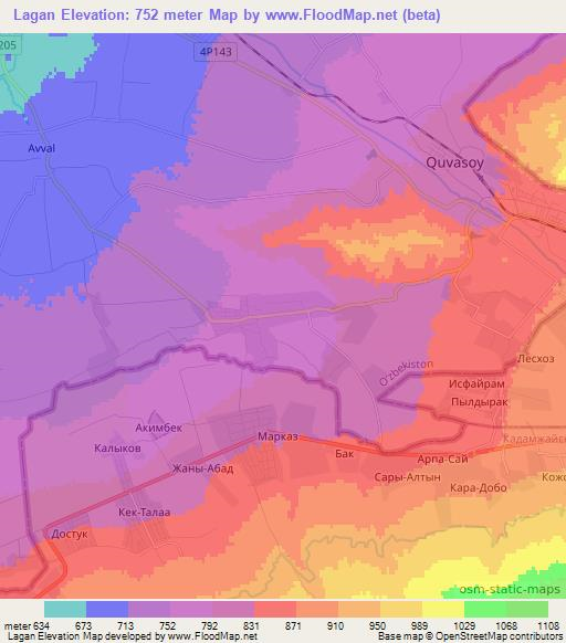 Lagan,Uzbekistan Elevation Map