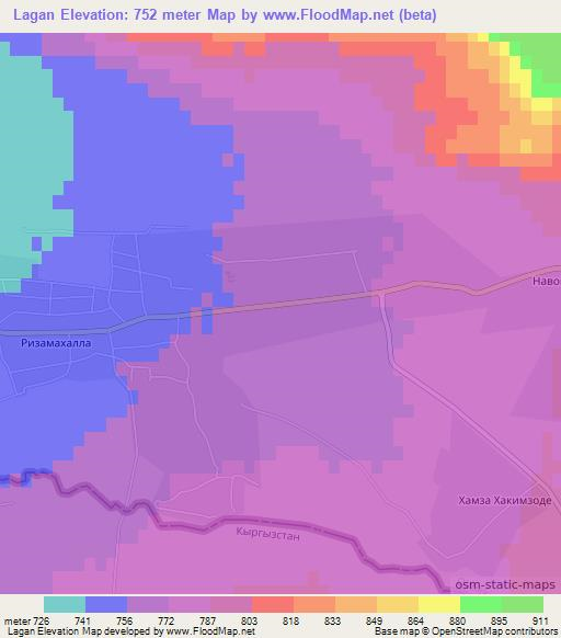 Lagan,Uzbekistan Elevation Map