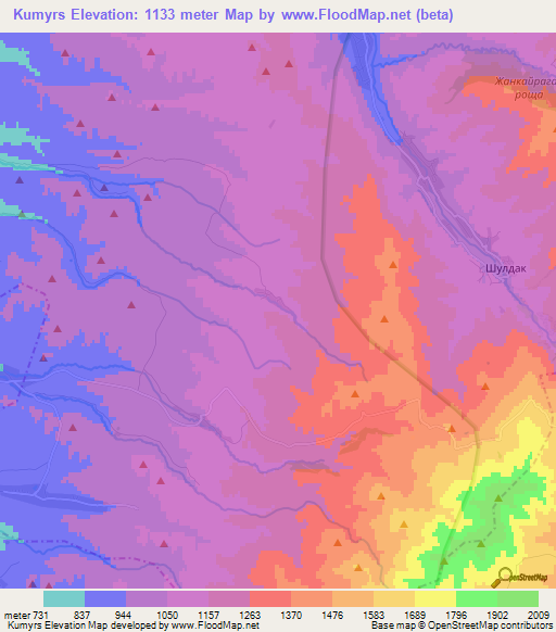 Kumyrs,Uzbekistan Elevation Map