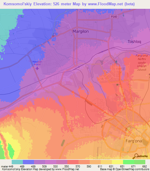 Komsomol'skiy,Uzbekistan Elevation Map