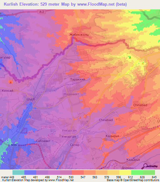 Kurlish,Uzbekistan Elevation Map