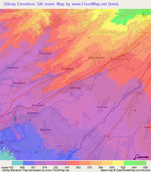 Qibray,Uzbekistan Elevation Map