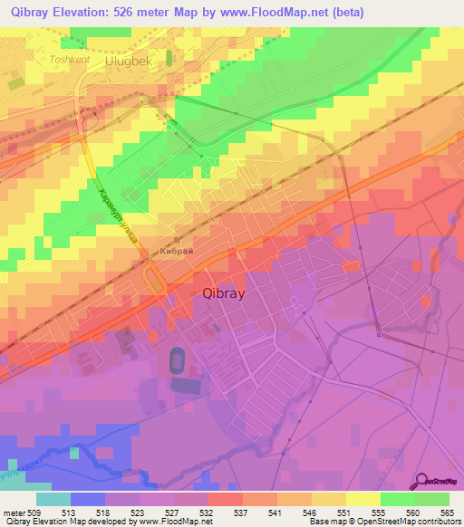 Qibray,Uzbekistan Elevation Map